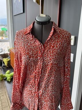 Maje Orange Leopard Print Button-Up Blouse